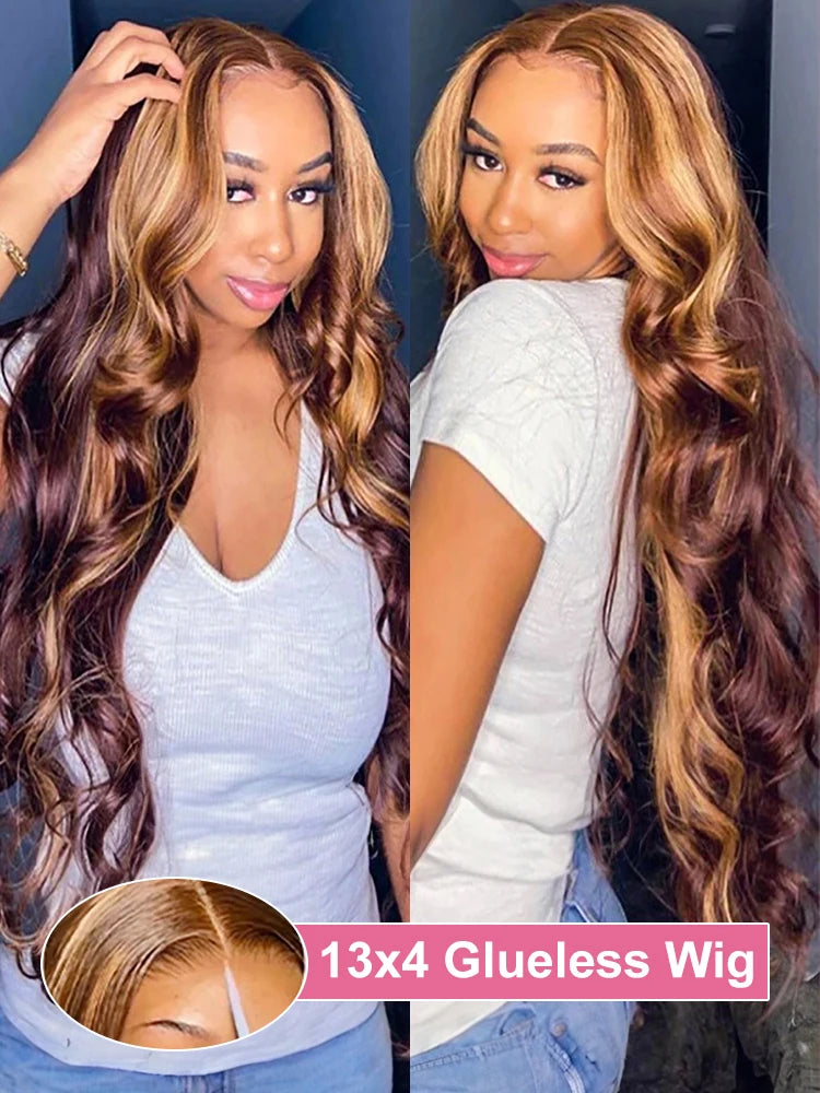 40 Inch Highlight Glueless Wigs Human Hair Ready To Wear Preplucked Body Wave Ombre Color 13x4 Front Wigs For Women 250 Density