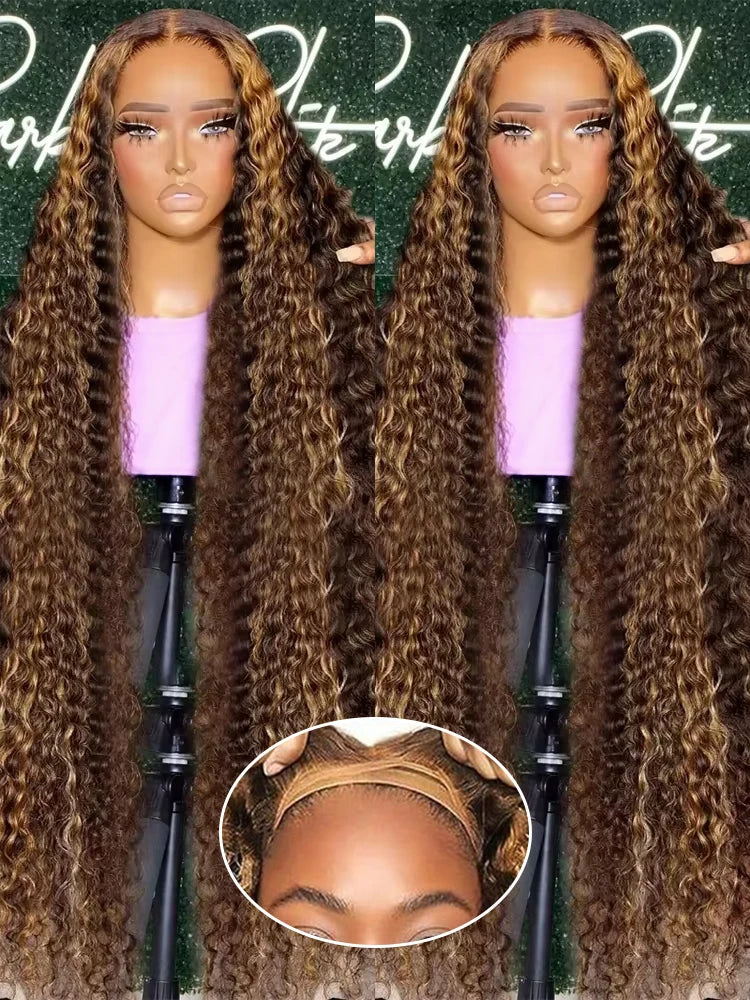 40 Inch Curly Highlight Ombre 13x4 Glueless Wigs Human Hair Brazilian Honey Blonde Colored Deep Wave Frontal Wigs For Women 250%