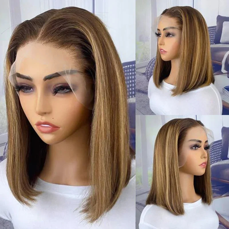 Highlight Short Bob Wig 13x4 Lace Front Human Hair Wigs Straight Ombre P4/27 Blonde Wig Peruvian Remy Hair 180% Density