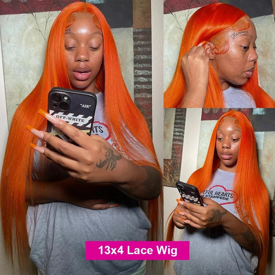Orange Ginger Lace Frontal Wig 200 Density Bone Straight Lace Front Wig 13x4 13x6 Lace 100% Brazilian Colored Ginger Human Hair