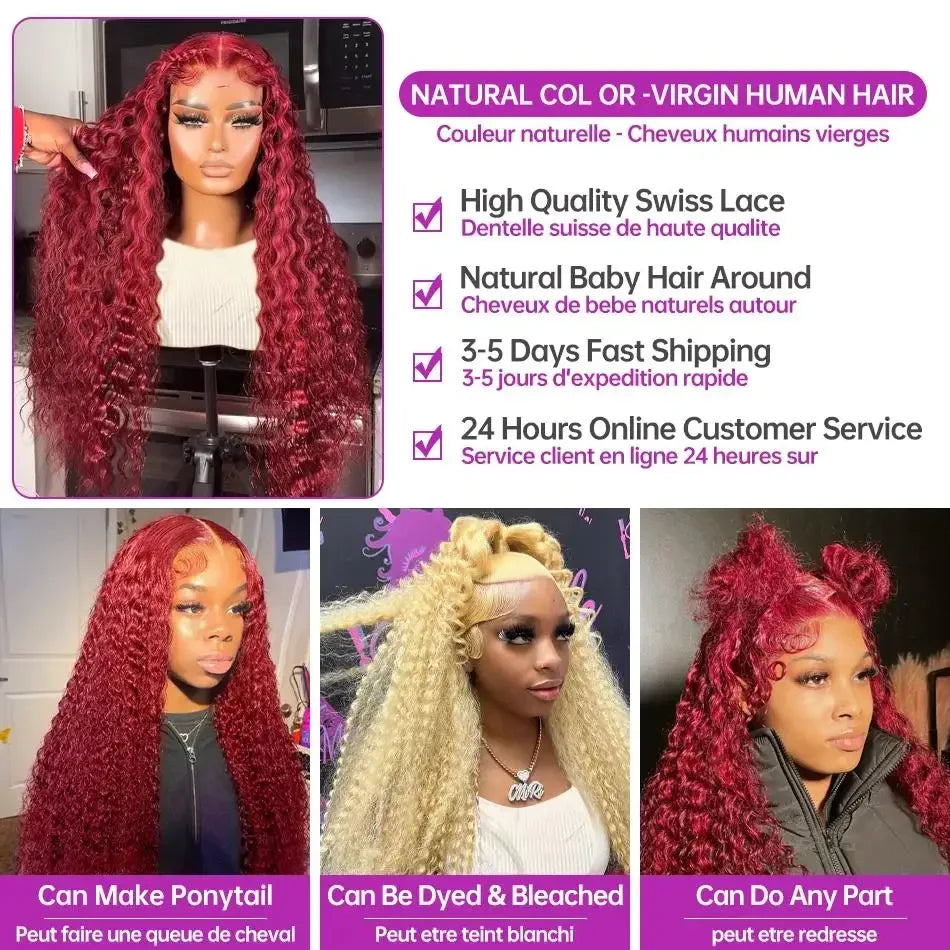 Luckathy Burgundy Curly 13x6 HD Lace Frontal Wigs Human Hair 13x5 Wet And Wavy 99J Red Colored Deep Wave Wig For Women 30 36 Inc