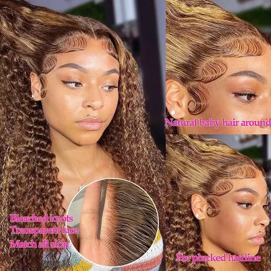 4/27 Ombre Highlight Lace Front Wigs Human Hair Deep Curly Colored HD Lace Frontal Wig Brazilian Remy For Women Curly Wig T Part
