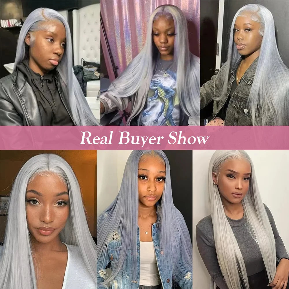40 Inch Silver Grey Colored Straight Lace Front Human Hair Wigs HD Transparent 13x6 13x4 Lace Frontal Wigs For Women Pre Plucked