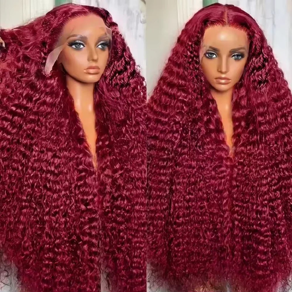 210 Density 99j Burgundy 30 40 Inch HD 13x6 Lace Frontal Wigs Human Hair Transparent Preplucked Red Colored Deep Wave Remy Hair