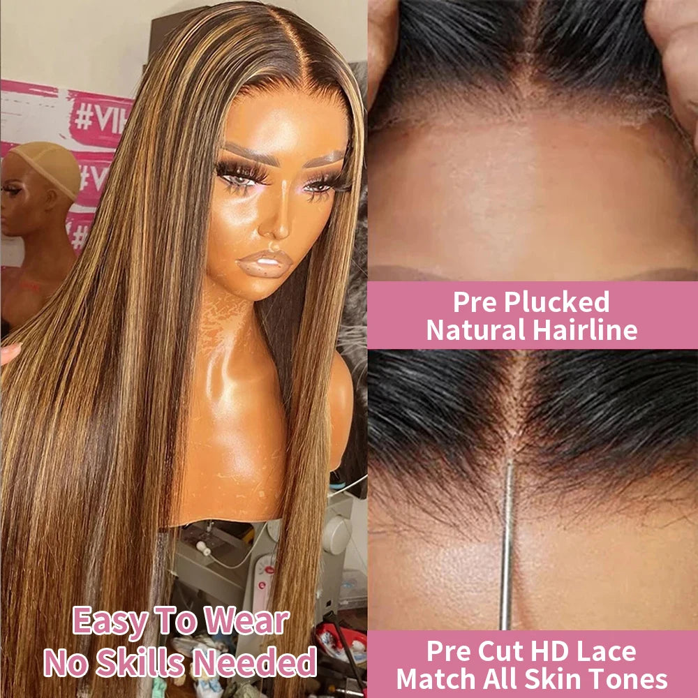 Wear And Go 13x4 Ombre Highlight Glueless Wig Human Hair Brazilian 30 40 Inch Straight Lace Front Wigs Human Hair For Women 250%