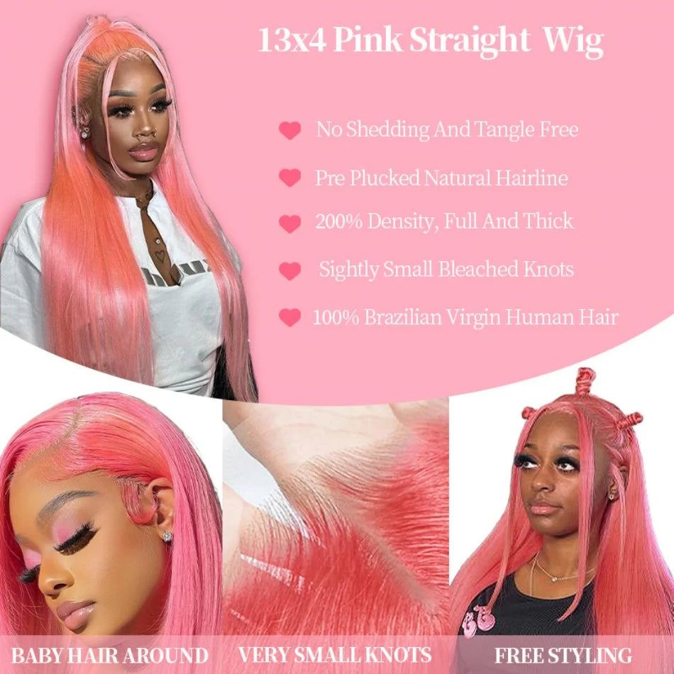 Light Pink 13X6 Straight HD Transparent Lace Frontal Wig 36 Inch 13X4 Long Brazilian 100% Colored Human Hair Wig for Black Women