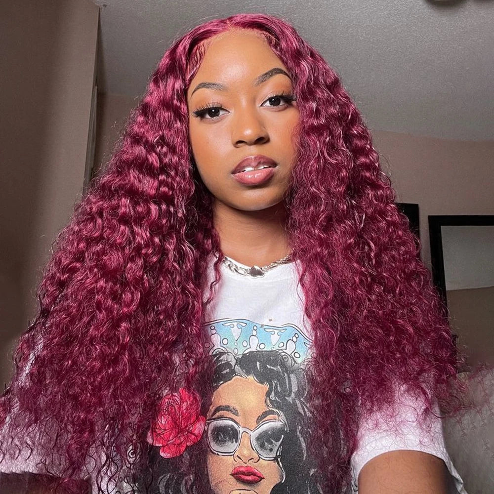 200 density 30 40 Inch Curly 99j burgundy 13x4 Lace Front Human Hair Deep Wave 13x6 Lace Frontal Wig Brazilian For Black Women