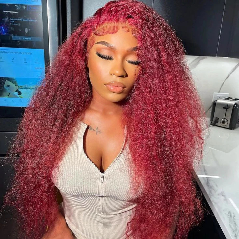 250 Density 99J Burgundy 30 40 Inch Deep Wave 13x4 Lace Front Wig Curly Red Colored 13x6 HD Transparent Lace Frontal Human Hair