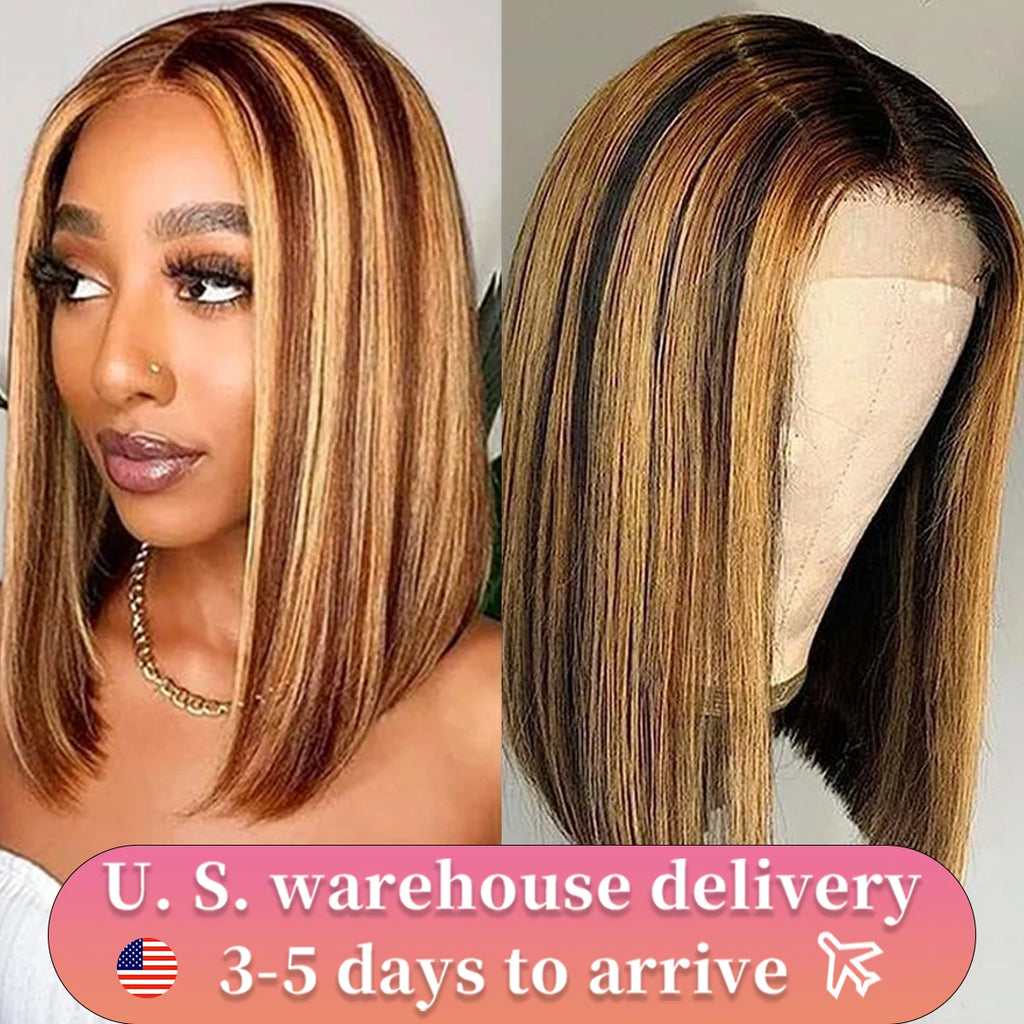 Highlight P4/27 Peruvian Remy Hair Short Bob Ombre Human Hair Wigs Blond Wig Straight Bob Wig Wear And Go Glueless Wig Human