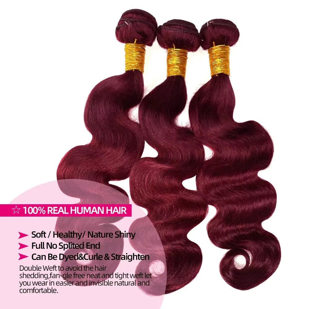 16A Burgundy 99j Body Wave Bundles Red Colored Human Hair Bundles 1/3/4 PCS Brazilian Virgin Hair Weave Extension For Women