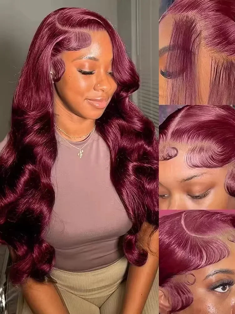 34 36 38 Inch Body Wave Wig Burgundy 99J Lace Front Wig 13x5 13x6 HD Lace Frontal Wig Human Hair Pre Plucked 99j Red Colored Wig