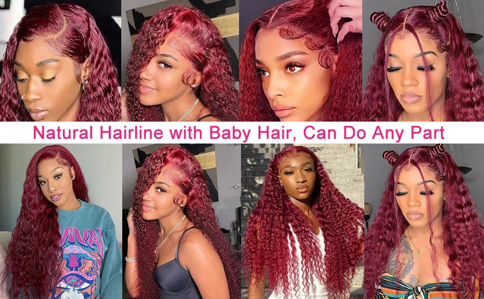 250 Density 99J Burgundy 30 40 Inch Deep Wave 13x4 Lace Front Wig Curly Red Colored 13x6 HD Transparent Lace Frontal Human Hair