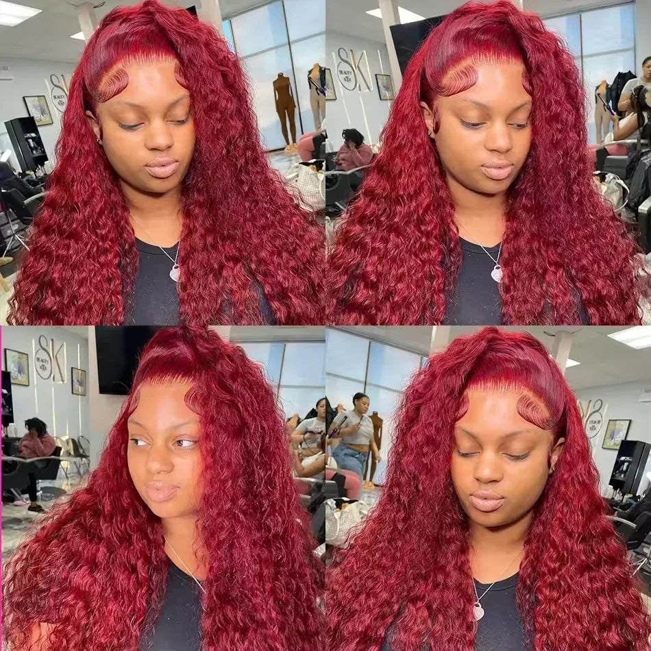 200 Density Burgundy 13x4 13x6 Hd Lace Frontal Red Remy Wig 100% Water Wave Curly Human Hair Pre Plucked Brazilian Colored Wigs