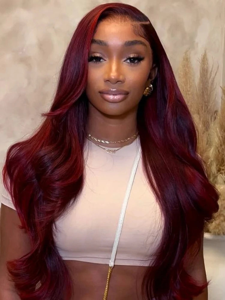 42 44 Inch 99J Burgundy Body Wave Human Hair Pre Plucked 13x4 13x6 Hd Transparent Lace Front Wig  Brazilian Hair For Black Women