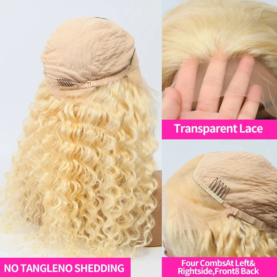 40 inch Curly 613 Honey Blonde Lace Front Human Hair Wigs Loose Deep Wave 13x6 HD Water Wave Color Transparent Lace Frontal Wig