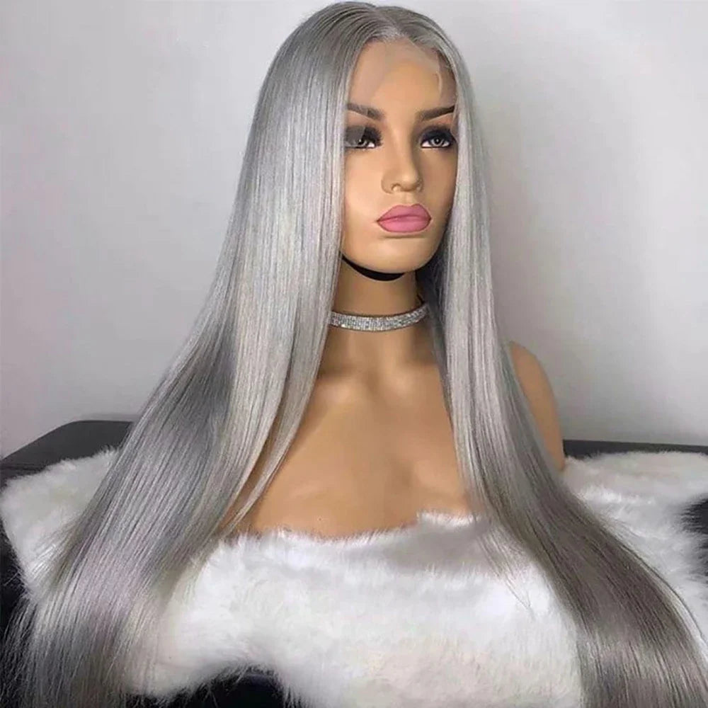 Silver Gray Bone Straight Lace Frontal Wig 13x4 Lace Front Human Hair Wigs For Women Preplucked Gray Colored Wigs Human Hair