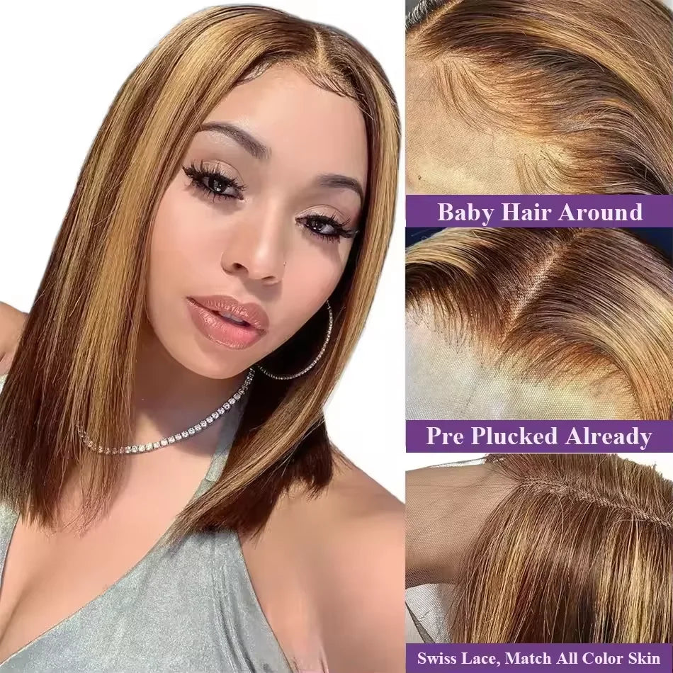 4/27 Highlight Bob Wigs Straight Lace Front Wig Human Hair Straight 13x4 lace Wigs 4/27 Honey Blonde Short Bob Wigs Pre Plucked