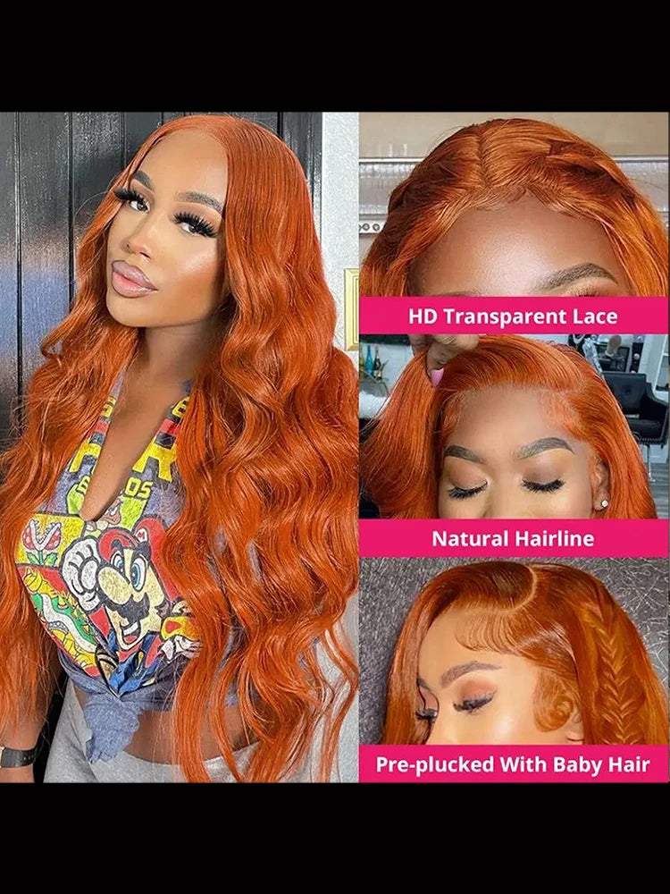 13x6 Orange Ginger Human Hair Wig Body Wave Human Hair Wig 100% Brazilian Colored 13x4 hd Lace Frontal Wig Virgin Human Hair Wig