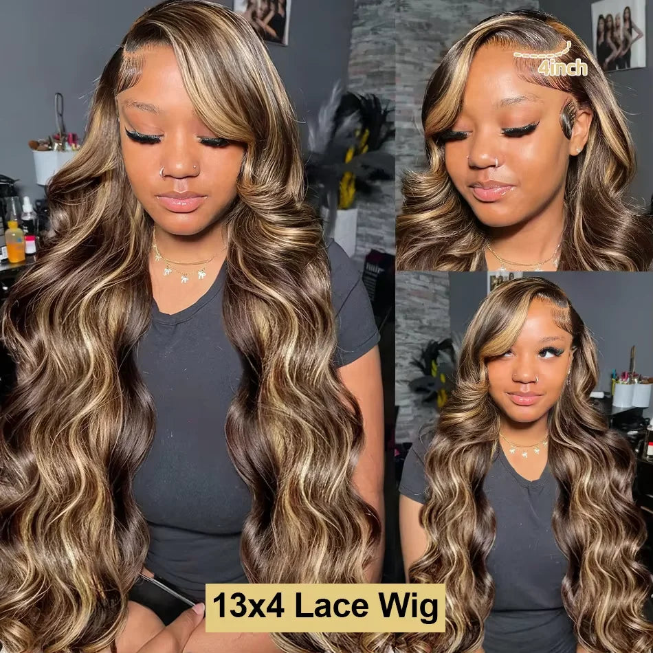 30 40 Inch 250 Density 4/27 Highlight Ombre Blonde Body Wave 13x4 Lace Front Wig Brown Color 13x6 HD Lace Frontal Human Hair Wig