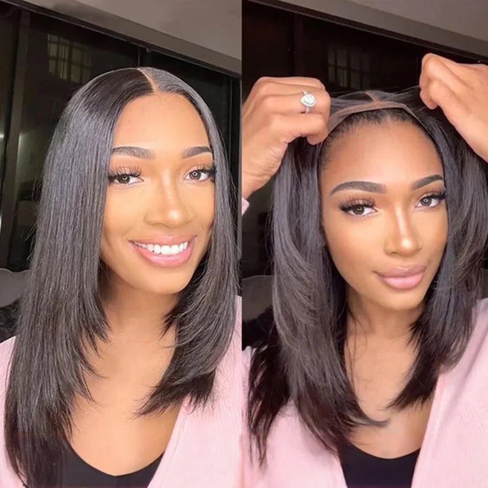Glueless Straight Bob 7x5 Transparent Lace Wig 100% Human Hair Natural Black 13x4 Pre Cut HD Transparent Lace Closure Wig