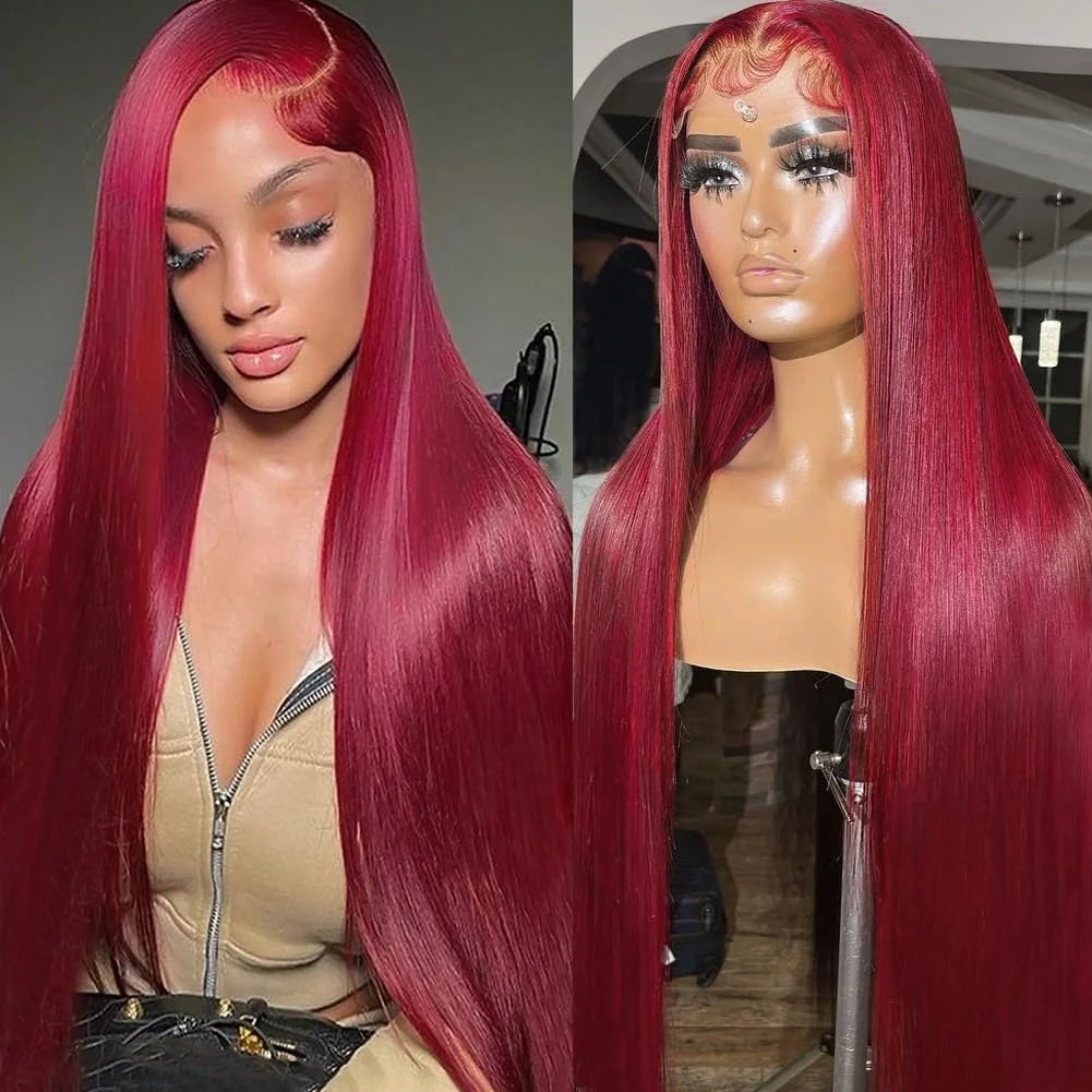 99J Straight Glueless Wig Human Hair Ready to wear Burgundy Red Colored Wigs 250 Density 13x4 Brazilian Human Hair Wig For Women