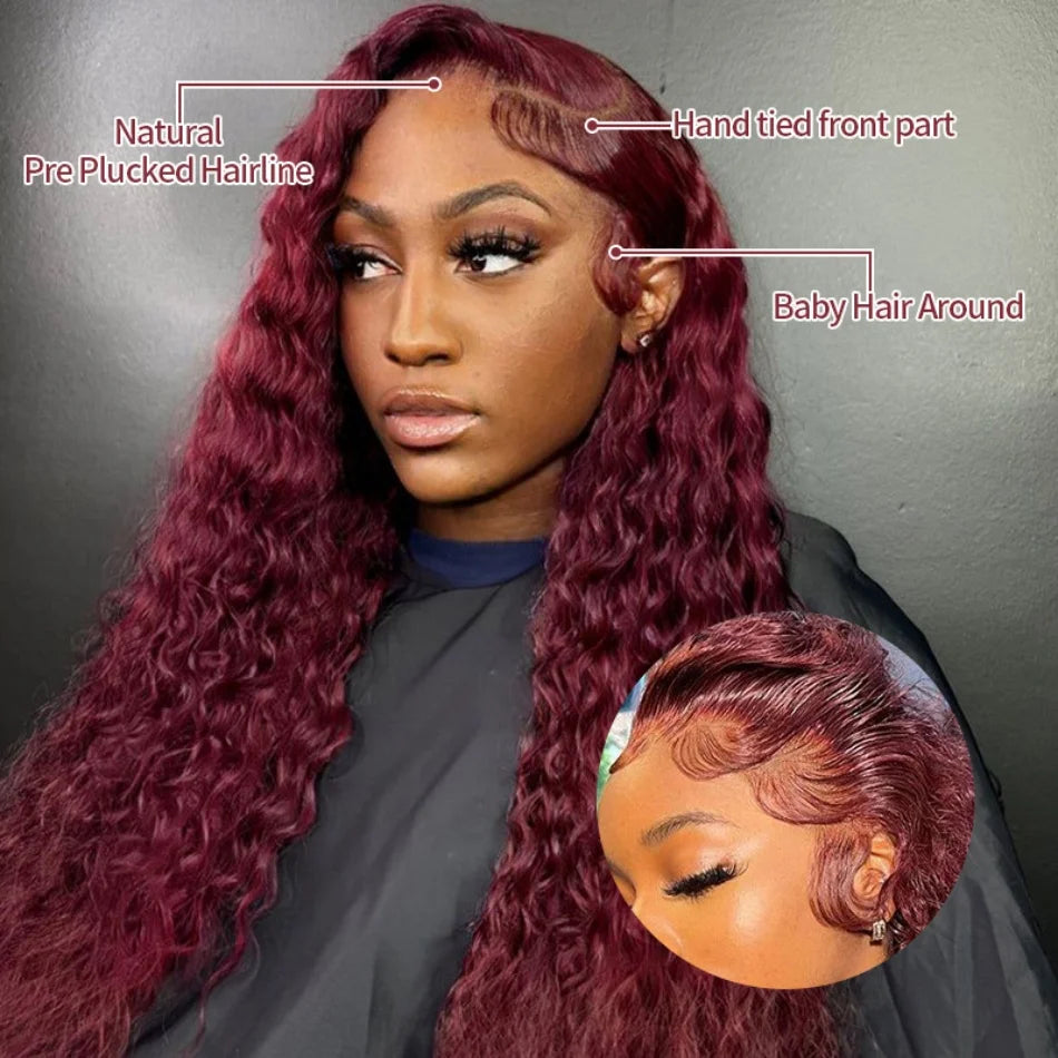 200 Density Burgundy 13x4 13x6 Hd Lace Frontal Red Remy Wig 100% Water Wave Curly Human Hair Pre Plucked Brazilian Colored Wigs
