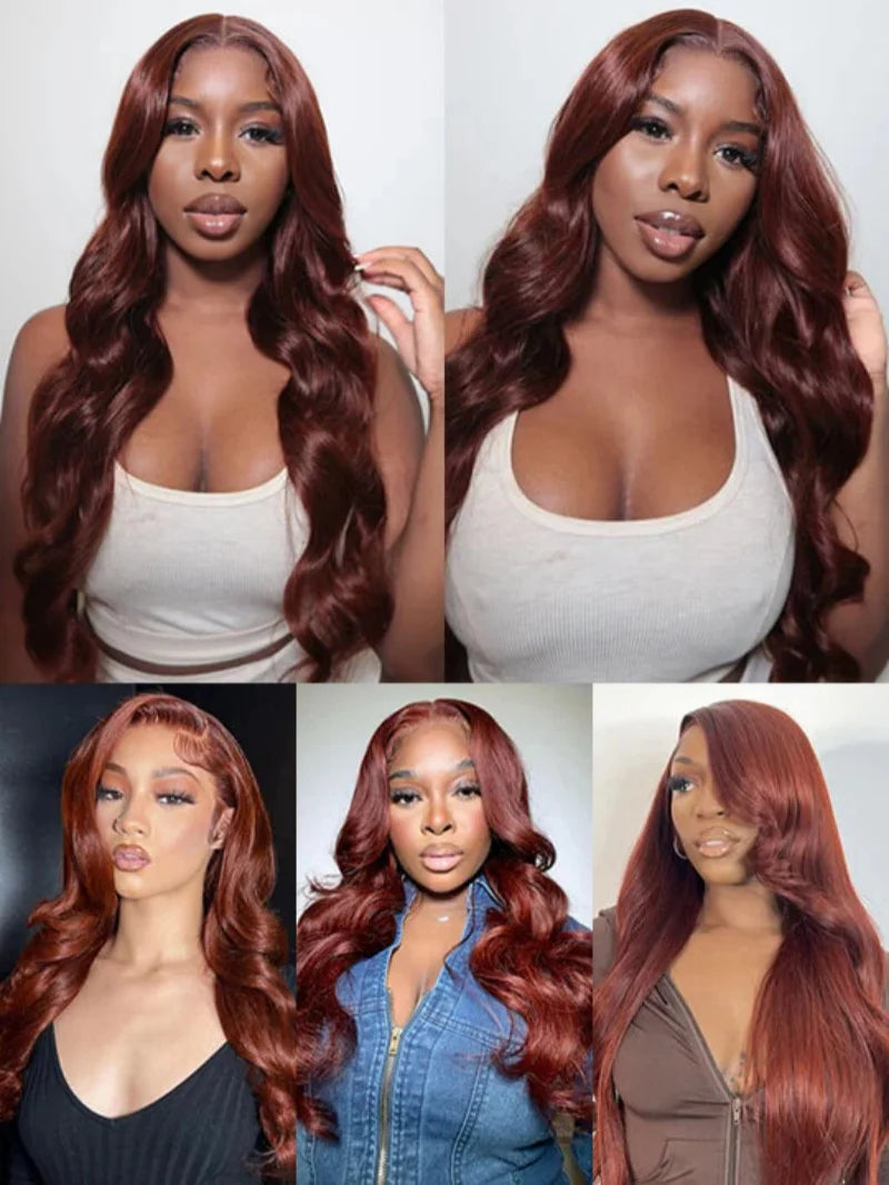 13x4 Auburn Colored Human Hair Lace Front Wigs Body Wave Glueless Wigs 180% Density Reddish Brown Lace Front Wigs 22 Inch