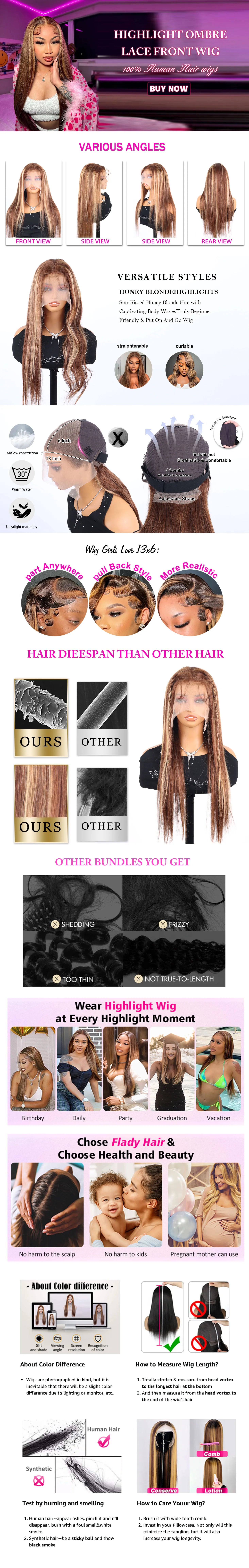 40 Inch Brown Ombre Highlight Wig Human Hair 13x6 Straight HD Lace Frontal Wigs 250 Density Brazilian Lace Front Human Hair Wig