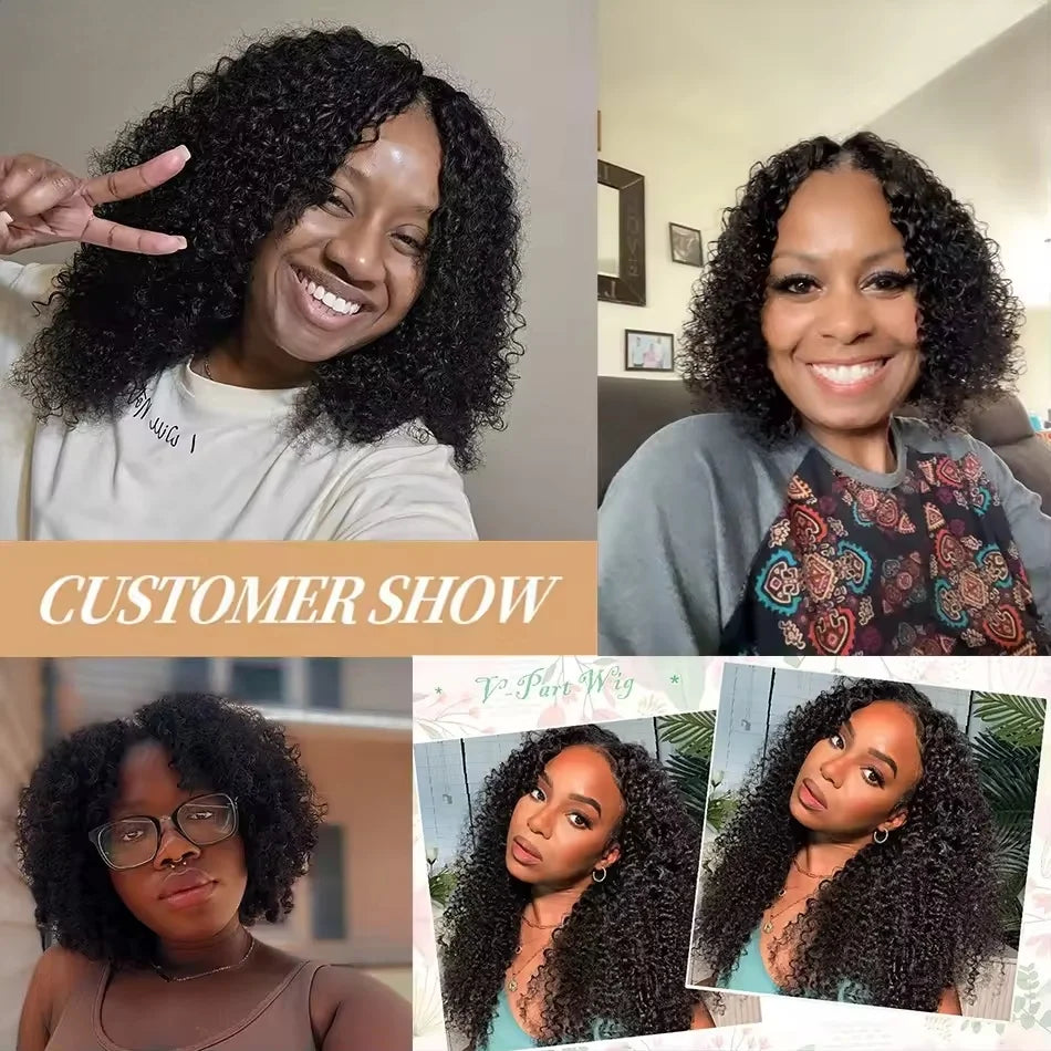200 Density Kinky Curly Wigs V Part Human Hair No Leave Out Upgrade Deep Wave Curly V Shape Wig 100% No Glue Clip In Half Wigs