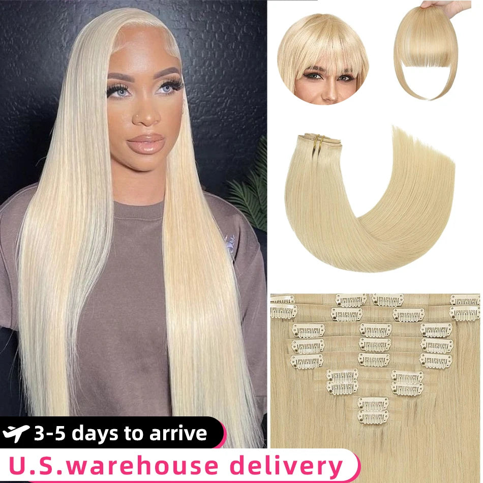 10Pcs Clip In Hair Extensions 100% Real Human Hair 613 Blonde Colored Straight Clip In Hair 140G/Set Deals Clearance Sale