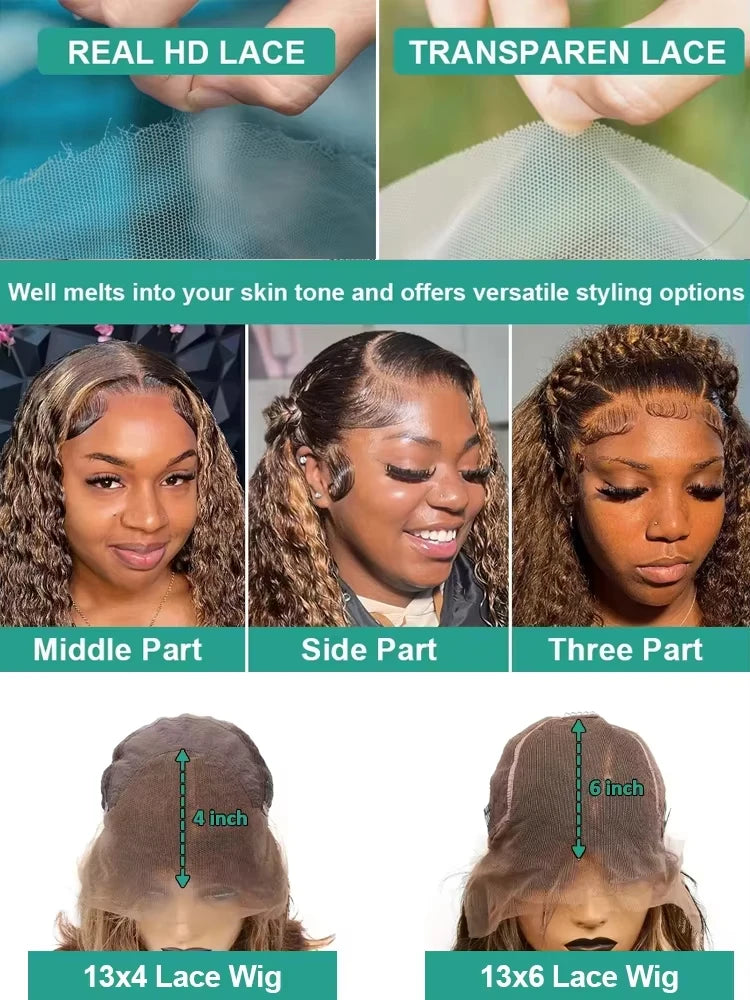 250 Density Curly Highlight 13x6 Lace Frontal Wig Human Hair 40 Inch 4/27 Ombre Deep Wave Wigs 13x4 Transparent Lace Frontl Wig