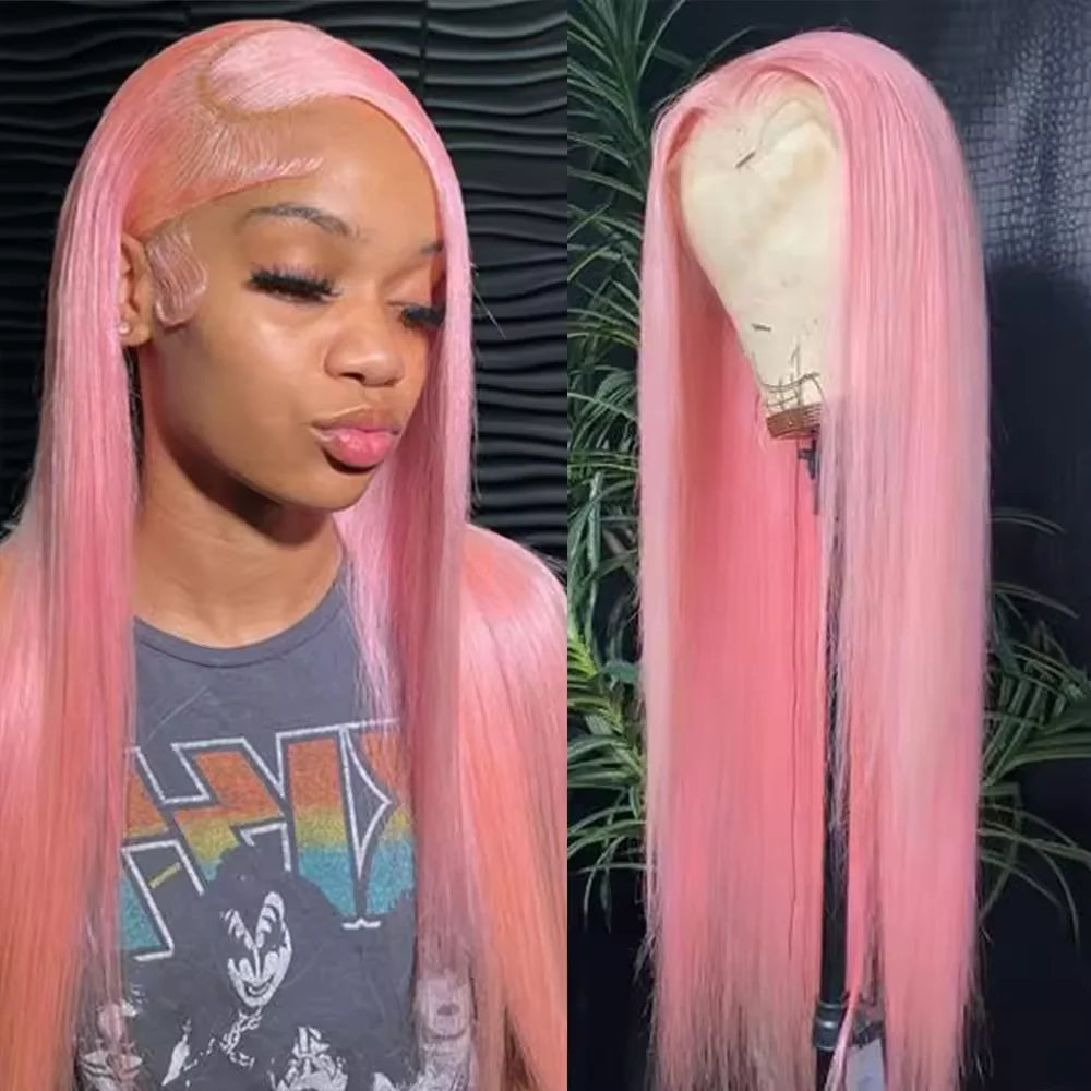 Pink Straight 13X4 Transparent Lace Frontal Wigs Brazilian 250% Lace Front Wig Colored Human Hair Wigs For Women Pre Plucked
