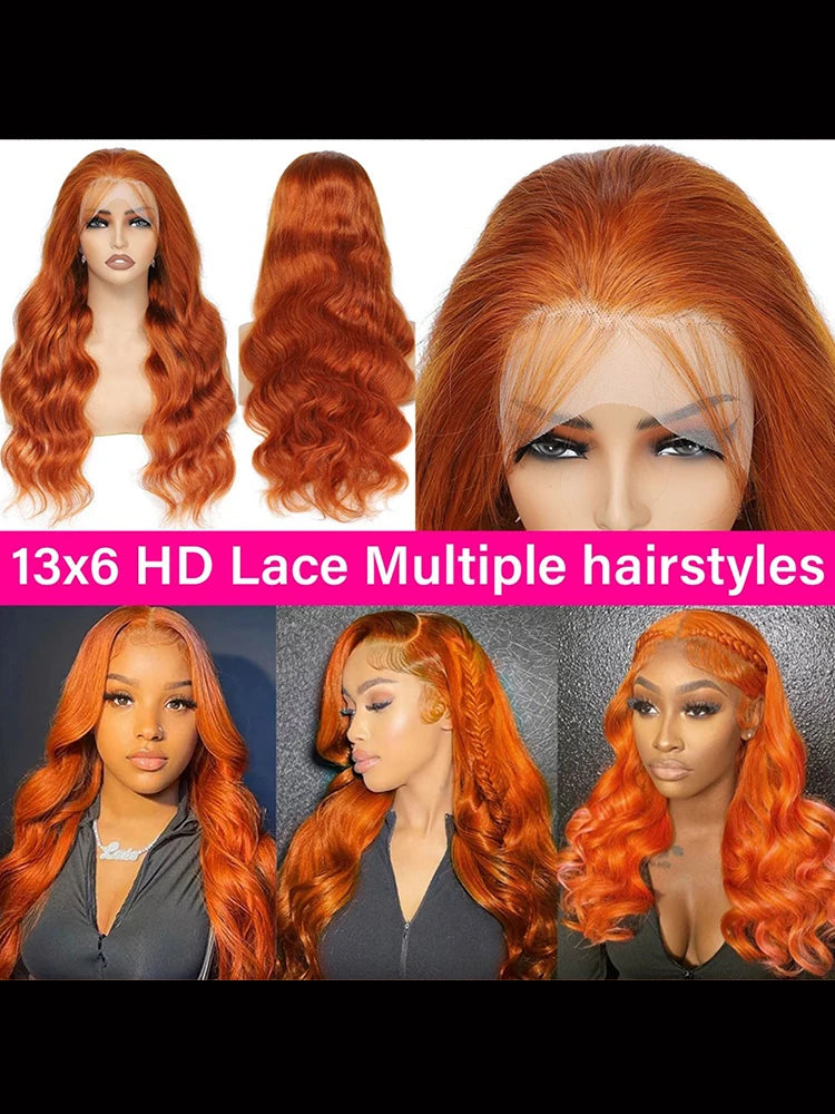 13x6 Orange Ginger Human Hair Wig Body Wave Human Hair Wig 100% Brazilian Colored 13x4 hd Lace Frontal Wig Virgin Human Hair Wig