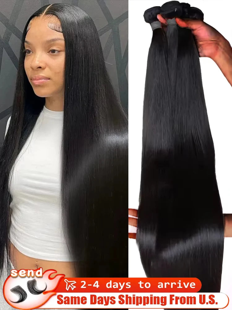 Straight 28 30 32 40 Inch 100% Natural Human Hair Bundles Deal Extensions Natural Black Brazilian Hair Weave Bundles For Women
