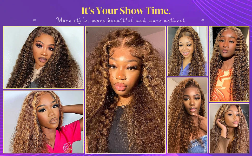 40 Inch Highlight Deep Wave Wigs Human Hair 250Density 13x6 HD Lace Front Wig 4/27 Brown Ombre Colored Brazilian Pre Plucked Wig