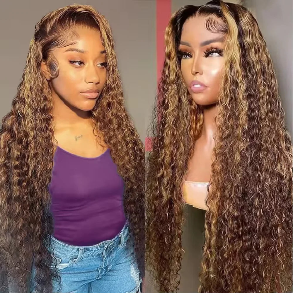 4/27 Highligh 13X6 Hd Lace Front Wig Human Hair Deep Water Wave Lace Frontal Wigs 30 Inch 210 Density Curly Wigs For Black Women