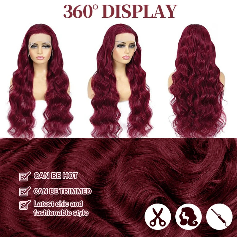 Burgundy Body Wave 99J 13x6 HD Lace Frontal Brazilian Pre-Plucked Colored Wig 13x4 HD Lace Red Remy Human Hair Wig for Women